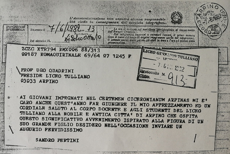 Il telegramma di Sandro Pertini per il Certamen Ciceronianum del 1982